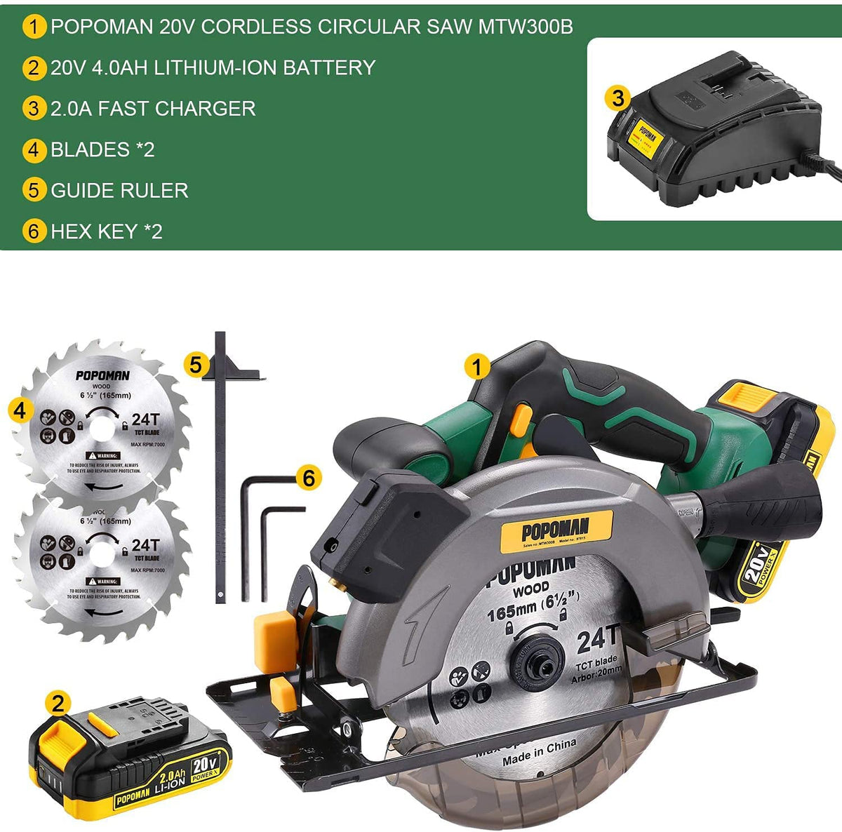 21V Cordless Circular Saw 6500RPM 2x20.0Ah Battery Fast Charger 45