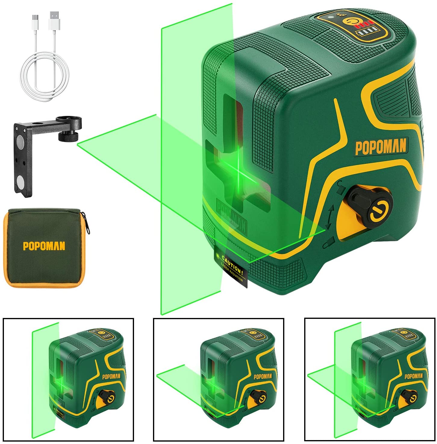 POPOMAN Laser Level Green 2x360°, Line laser rechargeable with Lithium  battery
